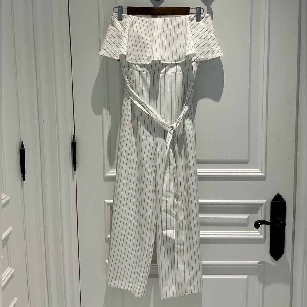 E.SSUE white pinstripe strapless jumpsuit